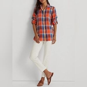 Lauren Ralph Lauren Plaid Linen Shirt. Size Large. Orange/Blue. Western Cowgirl.